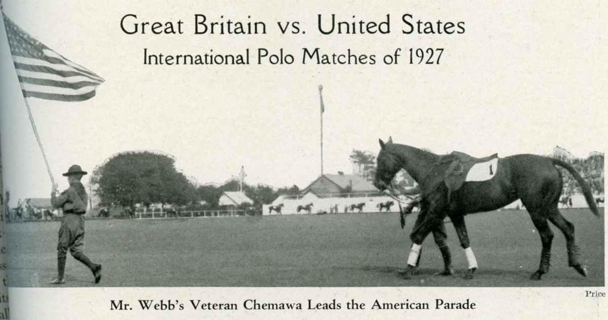 Photo of Chemawa in the number one saddle pad leading the 1927 International Matches Parade. Photo from POLO, October 1927.