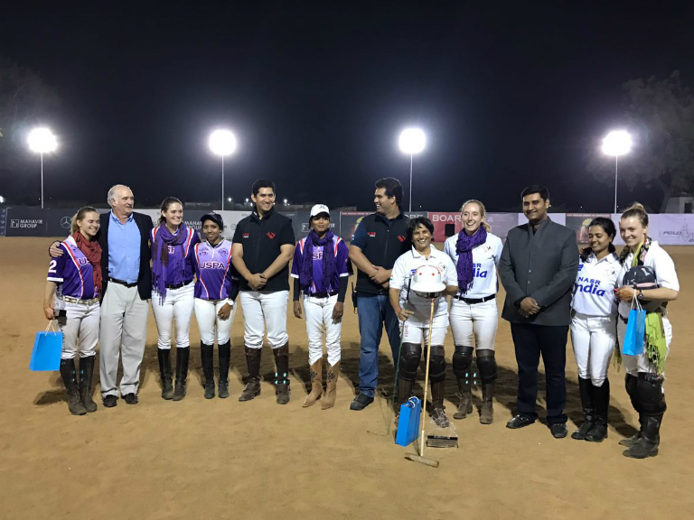 Team USPA and Nasr-India, each team composed of two Team USPA players and two Indian women's players, pose with Nasr Polo members and Steven Armour (USPA Governor at Large).