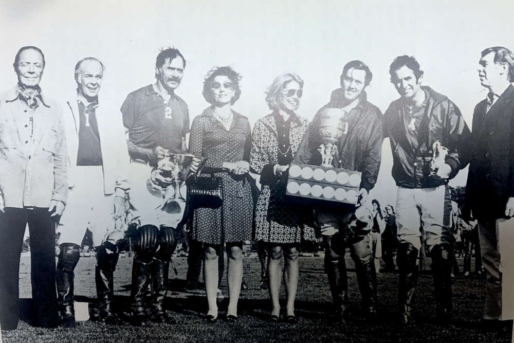 1973 U.S. Open Polo Championship® winners Oak Brook. (L to R) Paul Butler, Hugo Dalmar Jr., Bill Atkinson, Mrs. Dupont, Jorie Ford Butler, Charles Smith, Robert D. Beveridge, William T. Ylvisaker.