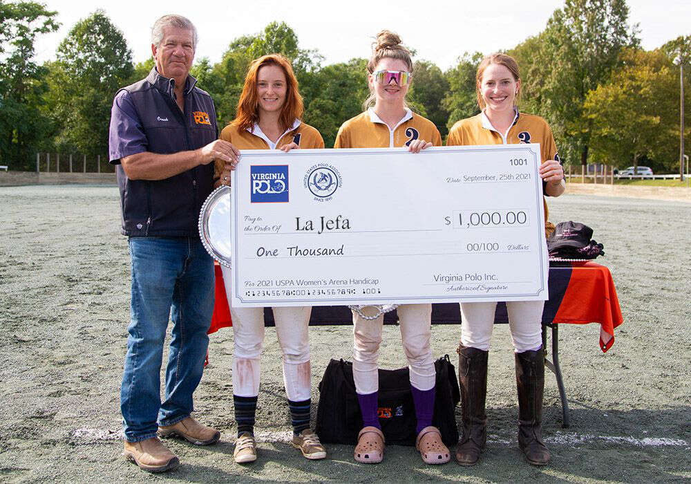 2021 USPA Women's Arena Handicap® Runners-up La Jefa's Katie Mitcham, Emmie Golkosky and Jessica Schmitt received $1,000 prize money through the USPA's Tournament Stimulus Package. Presented by Lou Lopez.