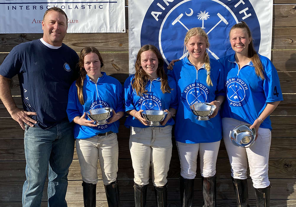 Southeastern Interscholastic Open Regional Champions: Aiken Youth Polo Left to Right: Robyn Leitner, Reagan Leitner, Summer Kneece, Sophie Grant, with coach Tiger Kneece