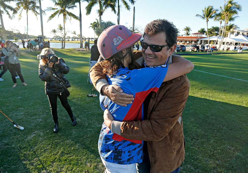 Gonzalo embraces Joaquín following Patagones' 2020 Ylvisaker Cup victory at International Polo Club Palm Beach in Wellington, Florida.