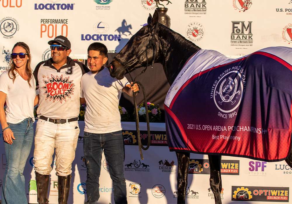 Best Playing Pony was awarded to Godiva, played by Pelon Escapite and owned by Ramiro Gonzalez. Pictured with Caitlin Dix and Alex Rojo.