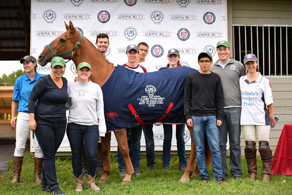 Feldman Cup Best Playing Pony Clarita, owned by Epic-Skidmore and played by Morgan O’Brien, pictured with the Skidmore Collegiate Team.