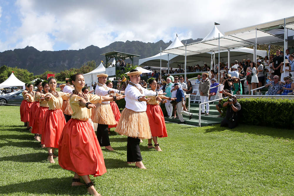 Hula Halau Kalehua Tuahine performs before the 2017 Hawaii Invitational of Polo. ©Darryl Oumi/Getty Images for Hawaii Polo Productions.