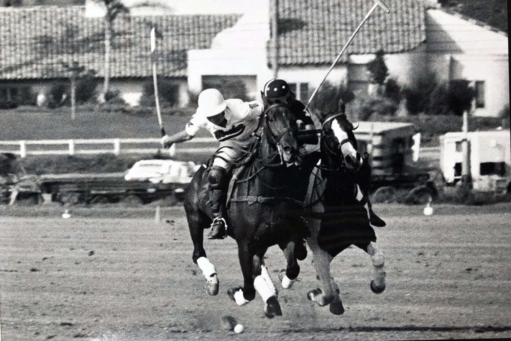 Judith Baker on the left in action at full speed during the 90s at San Diego Polo Club. 