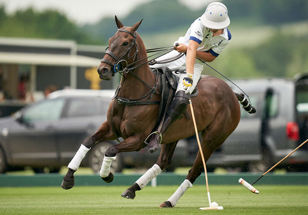 Monterosso's Mackenzie Weisz playing the ball on the nearside during the British Gold Cup.
