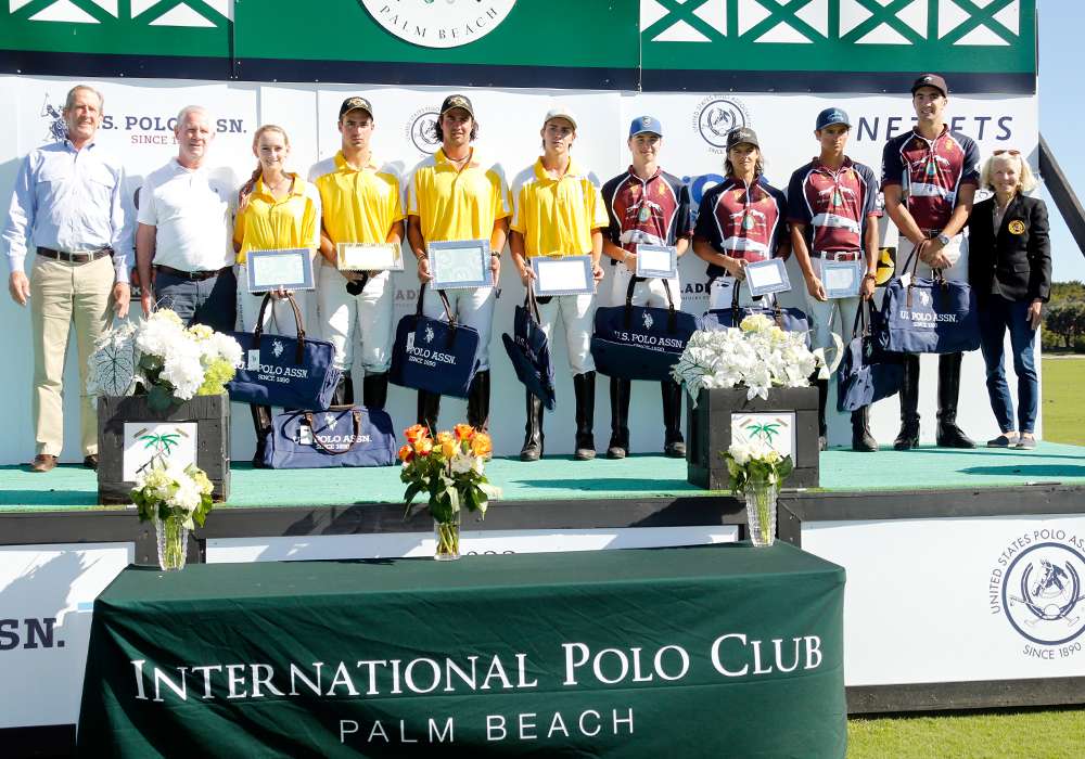 Mike Carney (second left) pictured with USPA Chairman Stewart Armstrong, USPA Governor-at-Large Chrys Beal and competitors in the 2022 U.S. Open Junior Test Match at International Polo Club in Wellington, Florida. ©David Lominska
