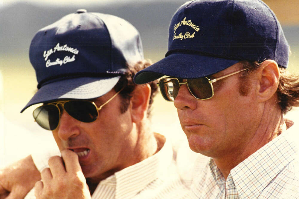 Tony Coppola and Jimmy Newman announcing the 1986 U.S. Open Polo Championship®, the last of eight Opens at the club. 