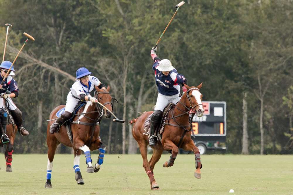 Hazel Jackson and Izzy Parsons competing in the 2018 U.S. Open Women's Polo Championship at the Houston Polo Club in Houston, Texas. 
