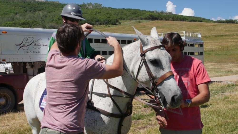 Argentine player Nacho Novillo Astrada helps his son Santos with his horse.