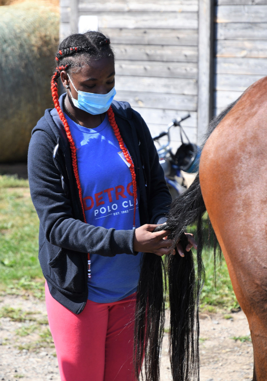 Learning how to tie a tail for a polo match.