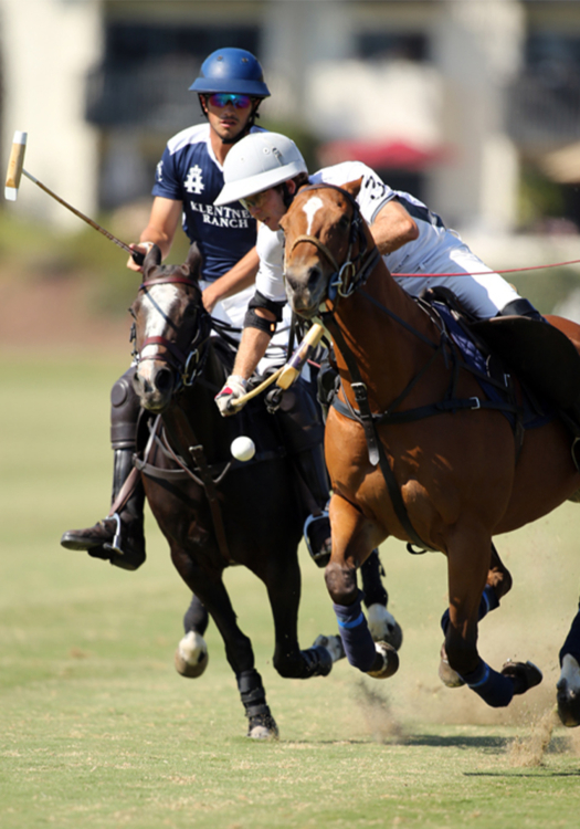 Rancho Polo/Chogan Alejandro Gonzalez hits a neckshot in front of defender Klentner Ranch's Jake Klentner.