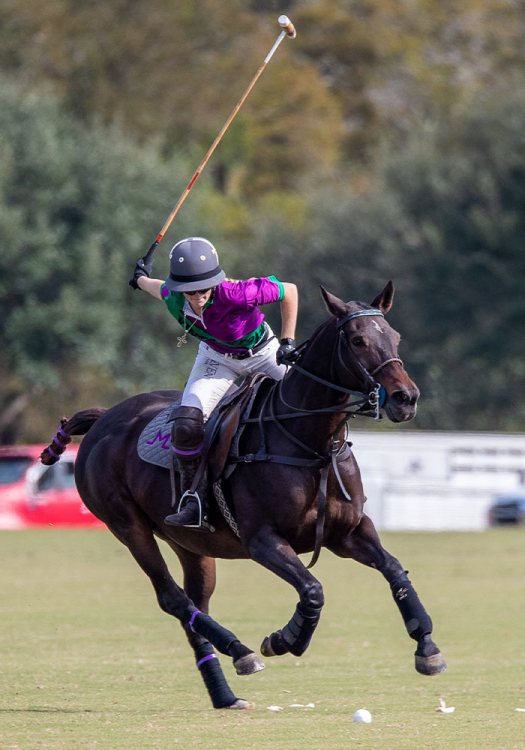 Vintage Polo's Lily Lequerica with a gorgeous forehand shot on Amateur Best Playing Pony Blade.